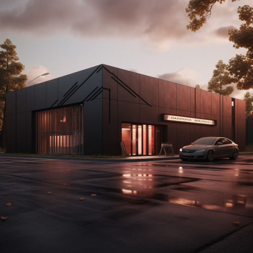 Modern electro workshop building with parking lot