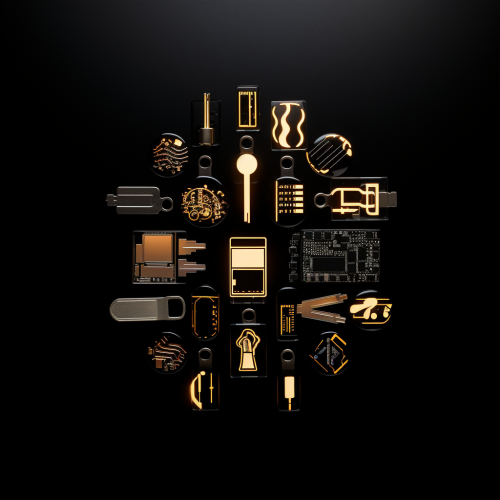 Various electronics keyring on black background