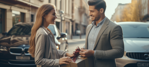 Elegant couple exchange gifts on autumn street