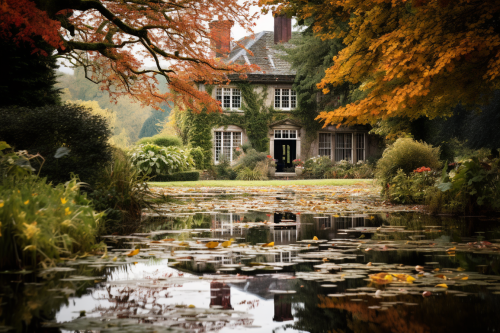 Antique English House with Pond Reflection
