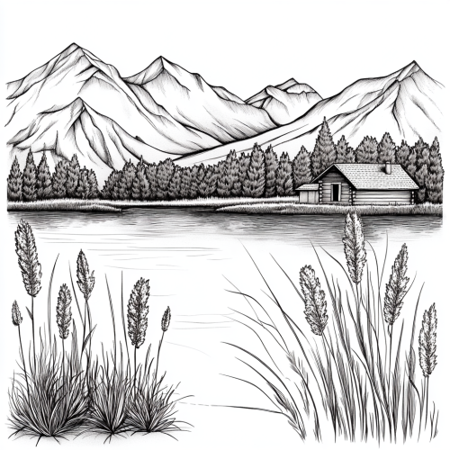 cabin lake mountains trees drawing cabin lake mountains trees drawing