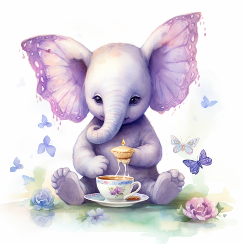 Elephant and Butterfly Tea Party Watercolor Lavender