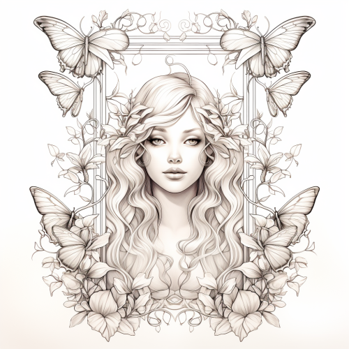 Elf Birds Butterflies Leaves Symmetrical Drawing