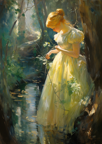 Elf princess in golden dress dancing in birch grove