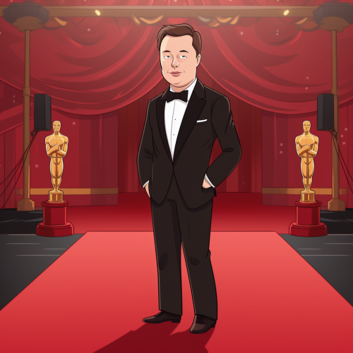 Elon Musk holding Oscar in tuxedo