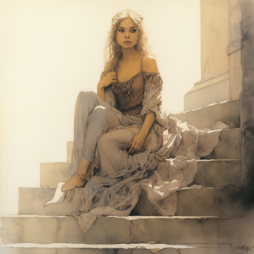 Emilia Clarke sitting on marble steps