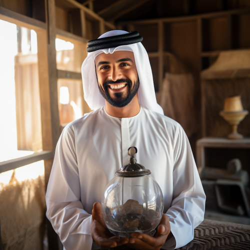 Smiling Emirati Man Holding Sand Hourglass