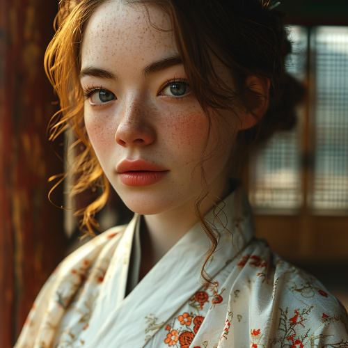 Emma Stone wearing ivory hanbok in Seoul