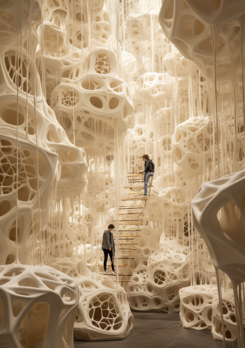 Whimsical ceramic empty building covered in spider's webs