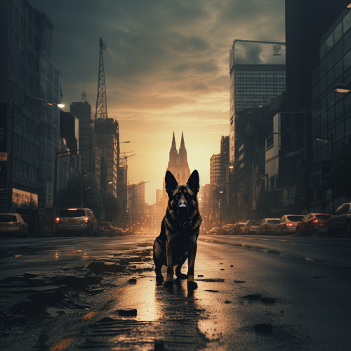 German Shepherd standing in empty city street