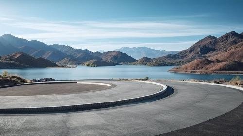 Empty Landscape with Lake, Mountains, and Curved Asphalt Street