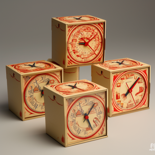 Empty pizza boxes depicting clock hours
