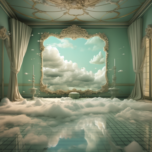 Ornate mirror in dreamy cloud-filled room Ornate mirror in dreamy cloud-filled room