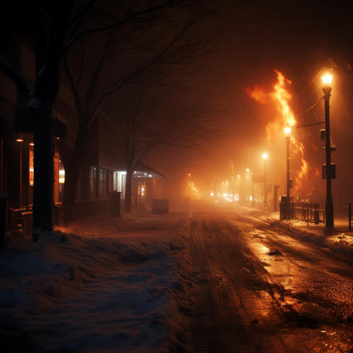 Empty street on fire during snowstorm at night