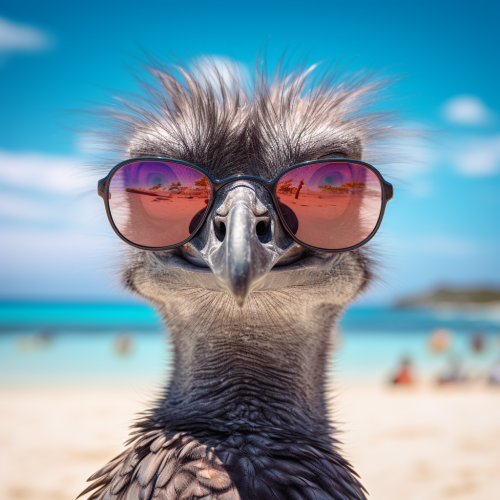 Emu wearing sunglasses on beach