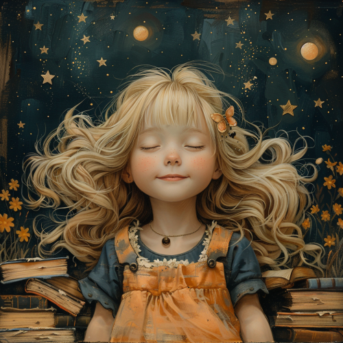 Blonde girl in enchanted book world