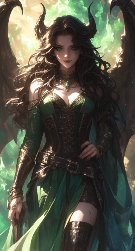 Exotic enchantress with evil smile and Nordic background