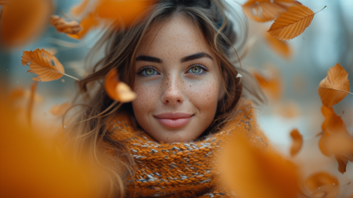 Energetic woman catching orange leaves
