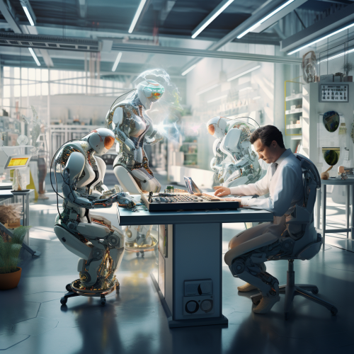 Engineer and Robot Collaborate in Workshop Engineer and Robot Collaborate in Workshop