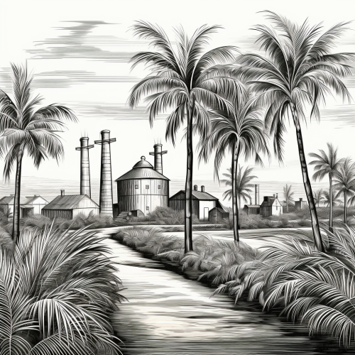 Engraving of sugar cane plantation with palm trees