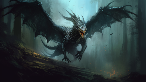 Enigmatic wyvern in dark forest Enigmatic wyvern in dark forest