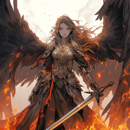 Female angel with flame wings and sword