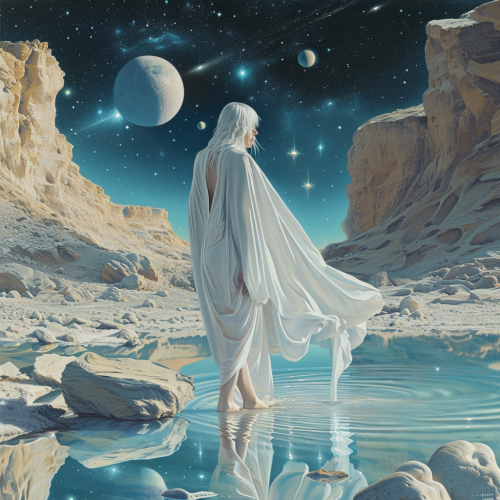 Translucent being in lunar landscape