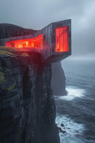 Ethereal building Faroe Islands cliffs geometric