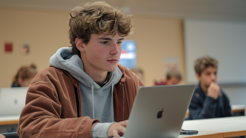 student using macbook in class student using macbook in class