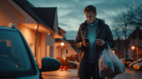 European man near car with food and phone