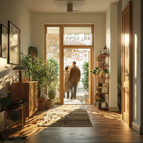 Couple entering European apartment morning