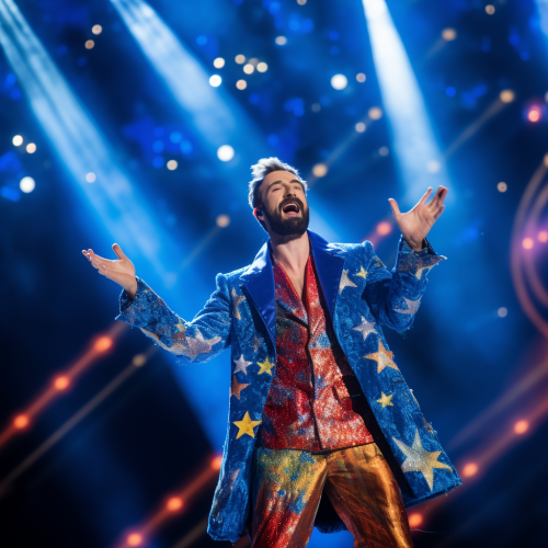 Stereotypical Eurovision singing on stage