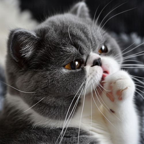 Grey and white Exotic Shorthair cat licking foot