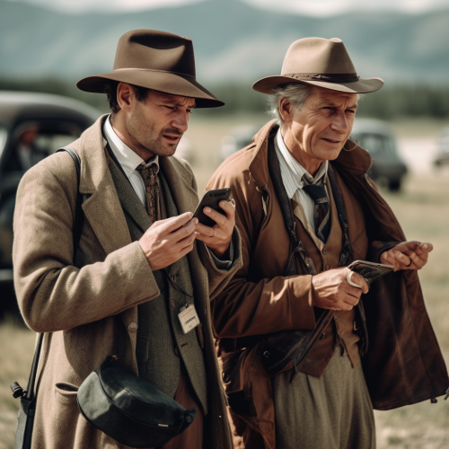 two gentlemen explorers with cell phone two gentlemen explorers with cell phone