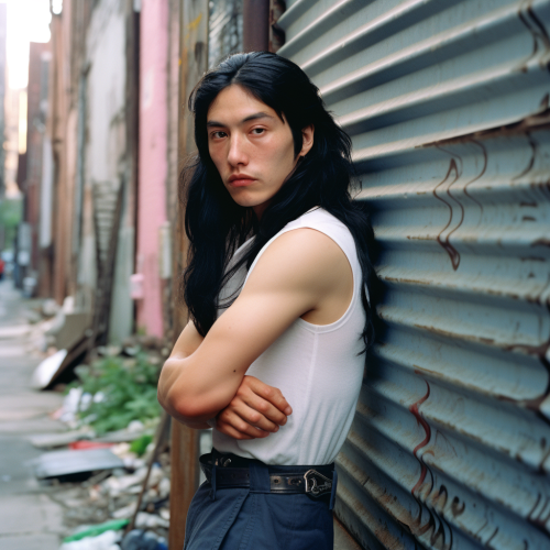Emotive black-haired person in New York alley