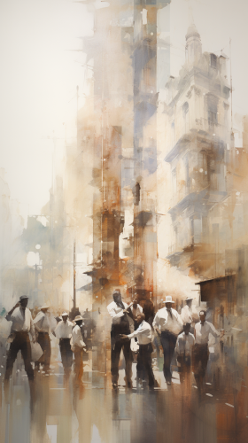 Faded painting of city officials observing dance