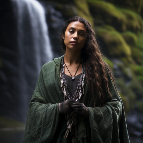 Fair Skinned Māori Woman with Greenstone Necklace at Waterfall