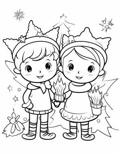 Black and white outline of fairies celebrating Christmas