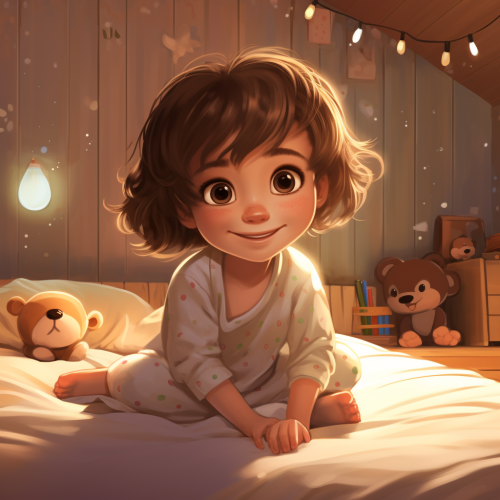 Smiling girl looking at stars in fairytale bedroom