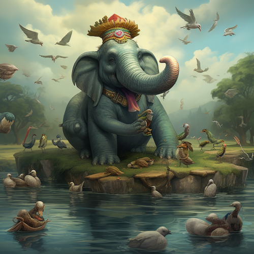 Enchanting fairytale scene with elephant and ducks