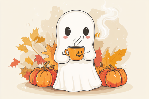 Cute whimsical fall ghost with coffee cup