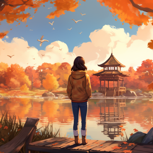 Young woman in fall lake gazebo playing game