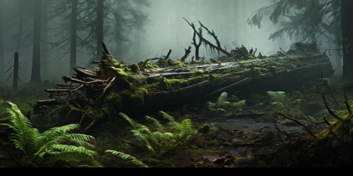 Misty forest with fallen tree and ferns