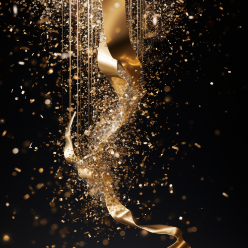 Gold streamers with snow crystal falling gracefully Gold streamers with snow crystal falling gracefully