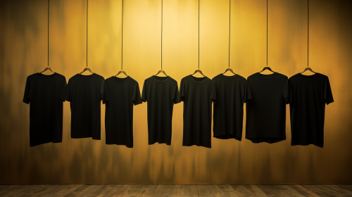 Nine falling goldish t-shirts in cinematic lighting.