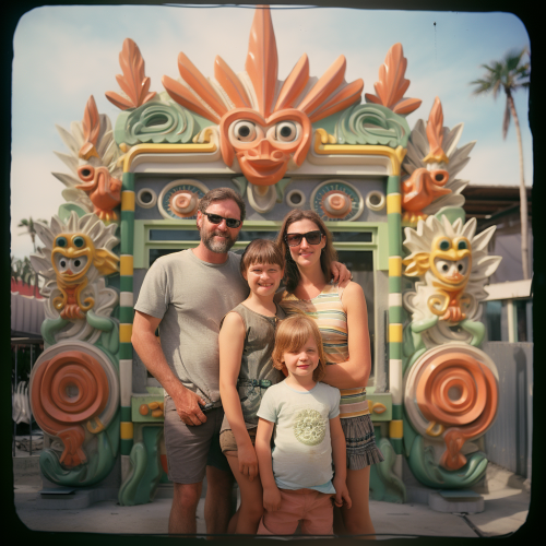 Family in front of Googie Pavilion with Tiki Ornaments