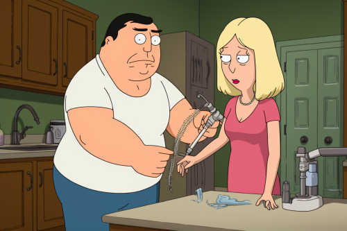 Woman giving man a syringe in Family Guy animation style