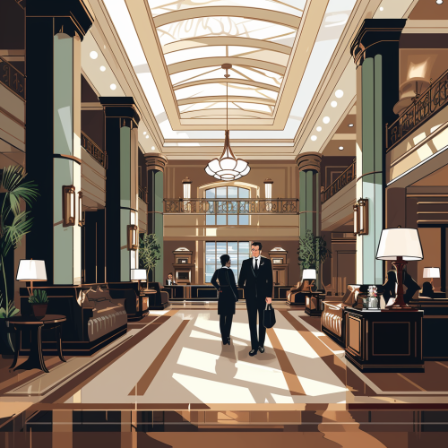 Luxury reception area with workers in suits