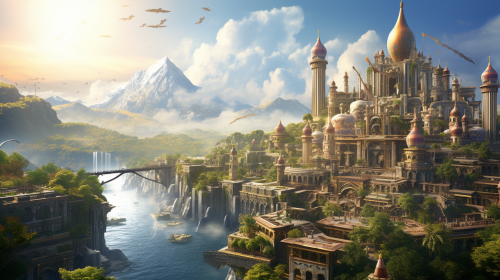 City in the Mountains with Hanging Gardens and Greek Architecture