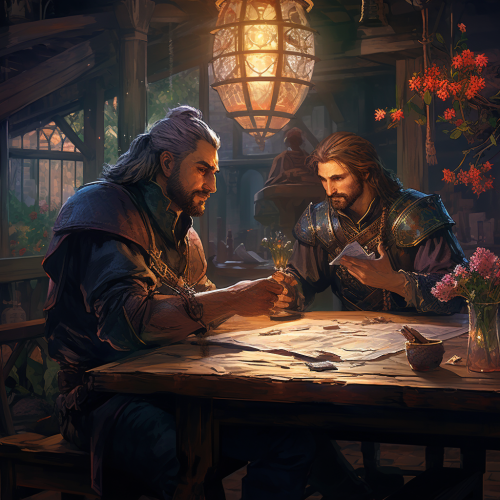 Witcher and Bard in medieval Inn